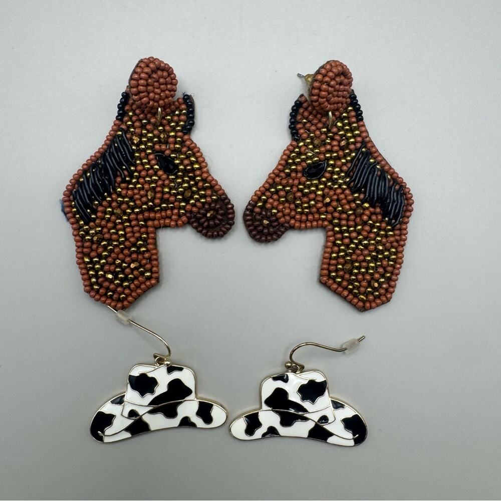 2 Pairs Earrings Enamel Cowgirl Hats Beaded Horse Heads Seed Bead Country